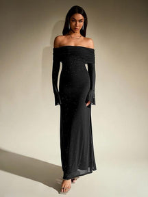 Women's Off-Shoulder Sparkly Maxi Evening Dress | Nereida in Black