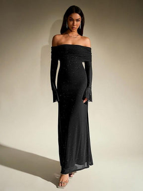 Women's Off-Shoulder Sparkly Maxi Evening Dress | Nereida in Black