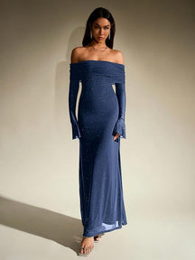Women's Off-Shoulder Sparkly Maxi Evening Dress | Nereida in Navy Blue