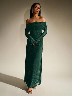Women's Off-Shoulder Sparkly Maxi Evening Dress | Nereida in Pine Green