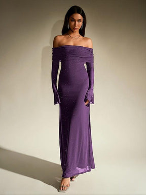 Women's Off-Shoulder Sparkly Maxi Evening Dress | Nereida in Purple
