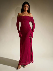 Women's Off-Shoulder Sparkly Maxi Evening Dress | Nereida in Flame Red