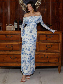 Women's Off-Shoulder Sparkly Maxi Evening Dress | Nereida in Dusty Blue