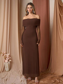 Women's Off-Shoulder Sparkly Maxi Evening Dress | Nereida in Clay Brown