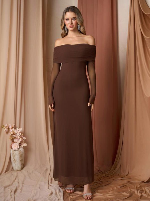 Women's Off-Shoulder Sparkly Maxi Evening Dress | Nereida in Clay Brown