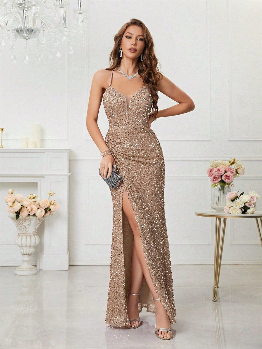 Women's V-Neck Sequin Maxi Evening Dress with Slit | Yvette in Apricot