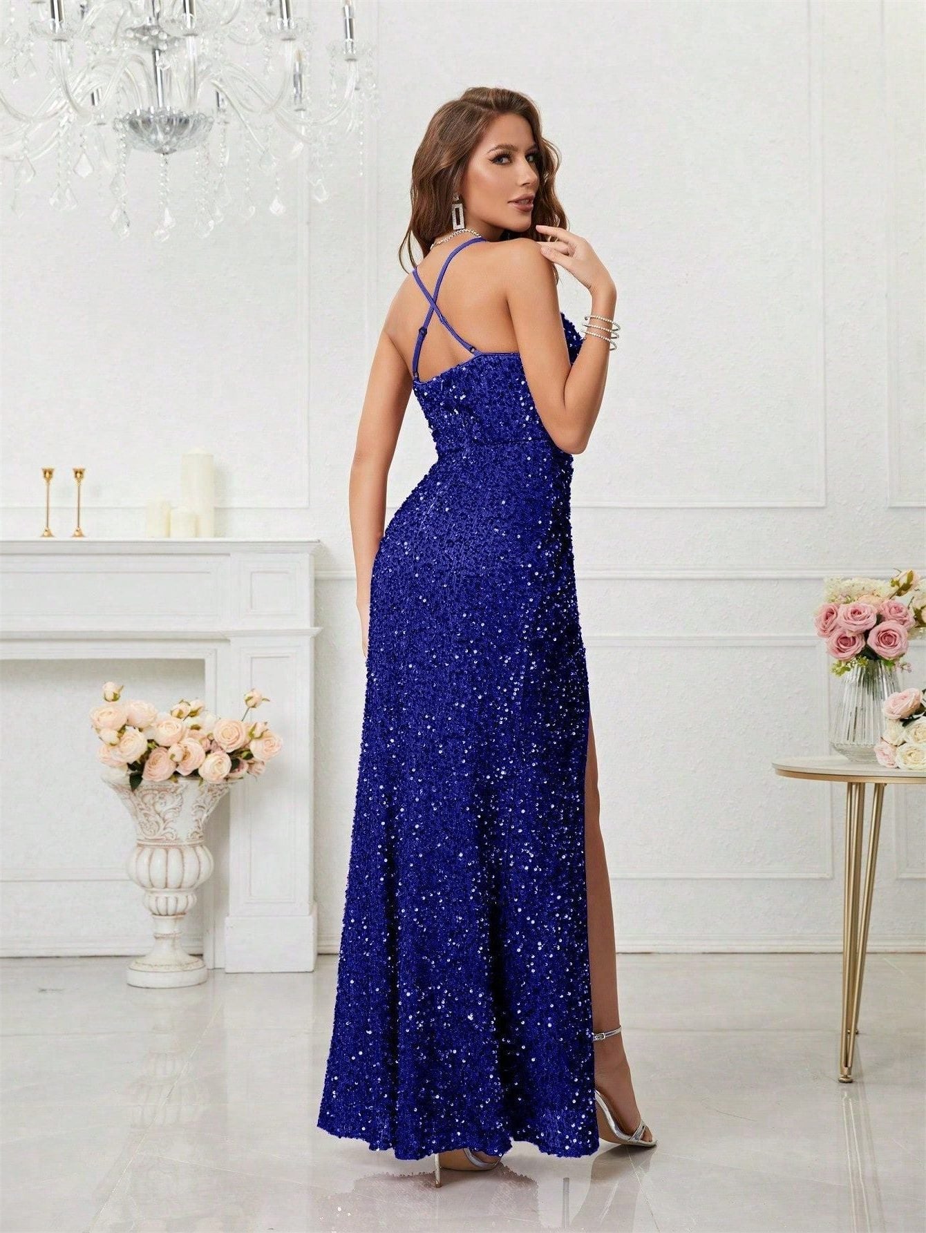 Women's V-Neck Sequin Maxi Evening Dress with Slit | Yvette