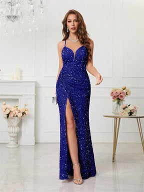 Women's V-Neck Sequin Maxi Evening Dress with Slit | Yvette