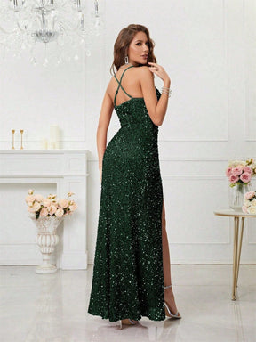 Women's V-Neck Sequin Maxi Evening Dress with Slit | Yvette