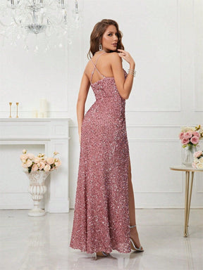 Women's V-Neck Sequin Maxi Evening Dress with Slit | Yvette