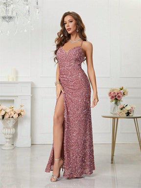 Women's V-Neck Sequin Maxi Evening Dress with Slit | Yvette