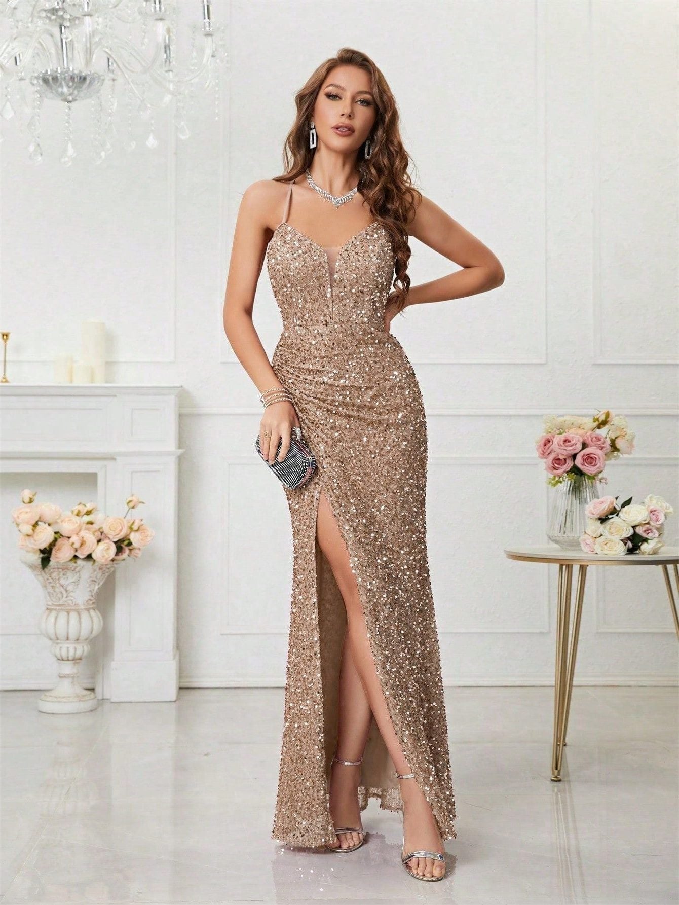 Women's V-Neck Sequin Maxi Evening Dress with Slit | Yvette in Apricot