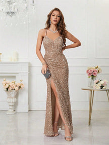 Women's V-Neck Sequin Maxi Evening Dress with Slit | Yvette in Apricot