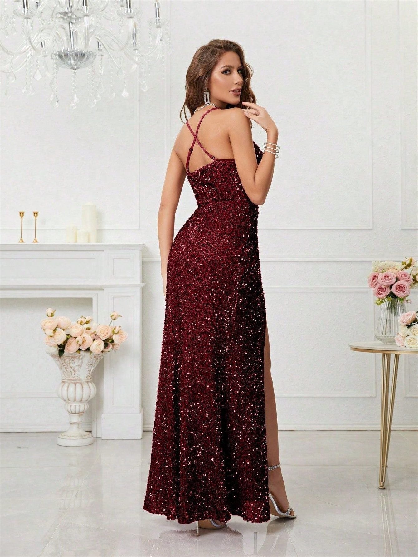 Women's V-Neck Sequin Maxi Evening Dress with Slit | Yvette