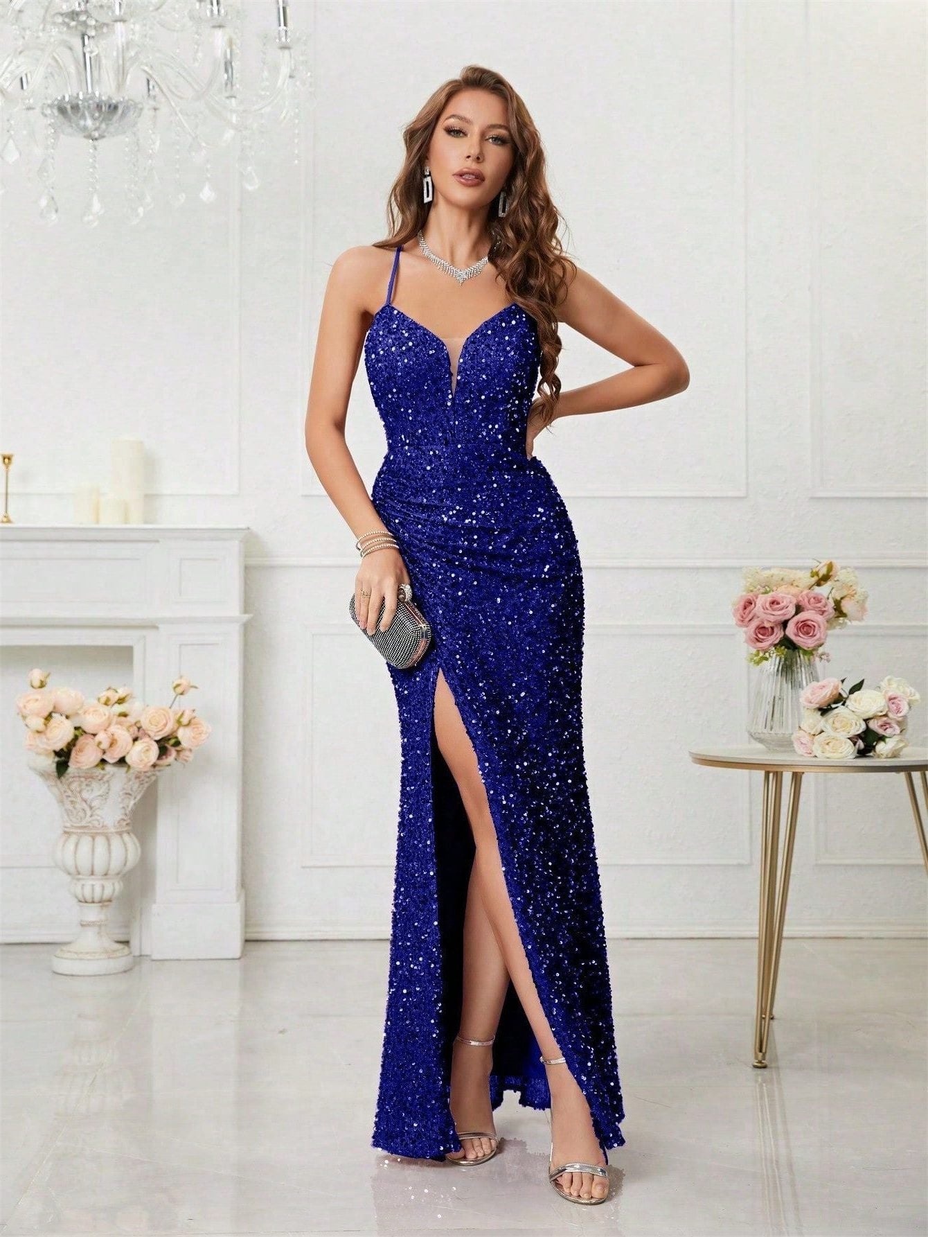 Women's V-Neck Sequin Maxi Evening Dress with Slit | Yvette in Blue