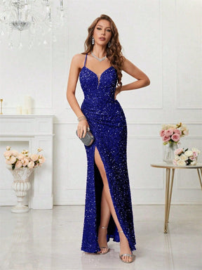 Women's V-Neck Sequin Maxi Evening Dress with Slit | Yvette in Blue