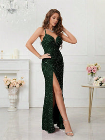 Women's V-Neck Sequin Maxi Evening Dress with Slit | Yvette in Green