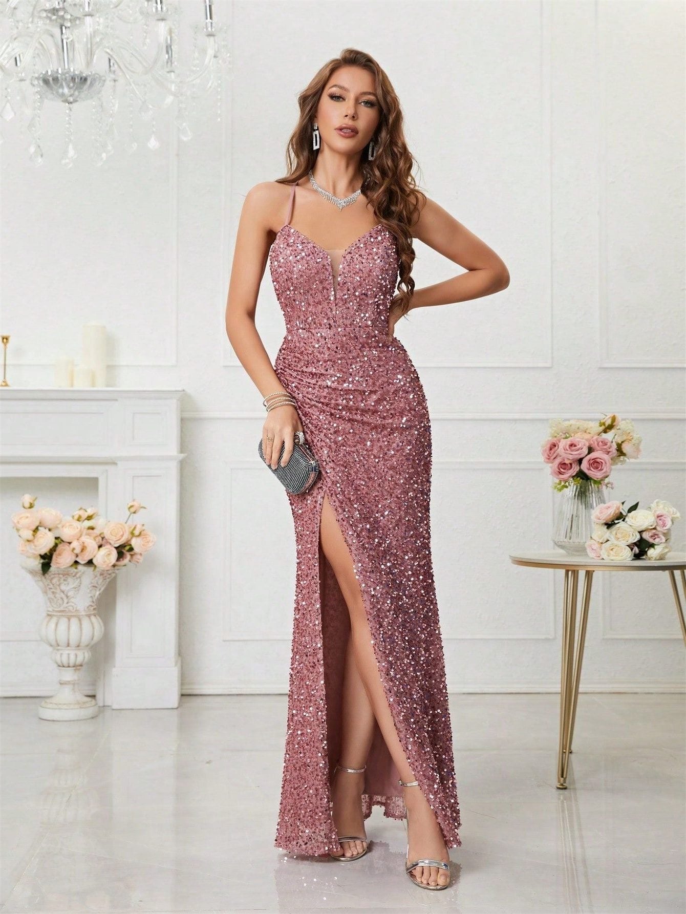 Women's V-Neck Sequin Maxi Evening Dress with Slit | Yvette in Pink