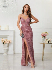 Women's V-Neck Sequin Maxi Evening Dress with Slit | Yvette in Pink