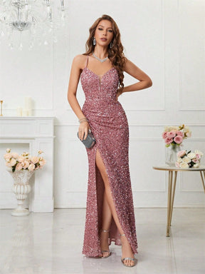 Women's V-Neck Sequin Maxi Evening Dress with Slit | Yvette in Pink