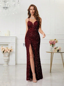 Women's V-Neck Sequin Maxi Evening Dress with Slit | Yvette in Wine Red
