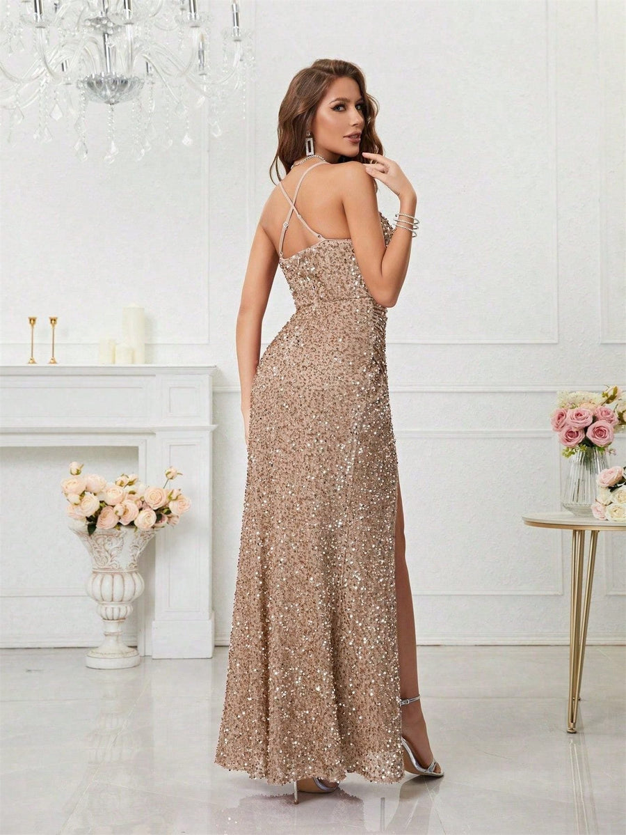 Women's V-Neck Sequin Maxi Evening Dress with Slit | Yvette