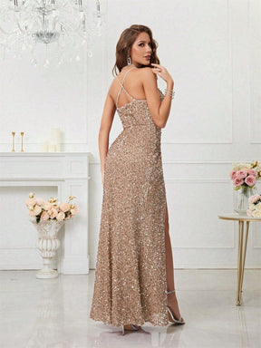 Women's V-Neck Sequin Maxi Evening Dress with Slit | Yvette