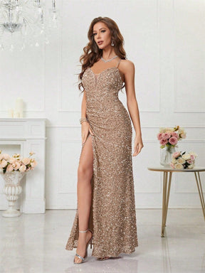 Women's V-Neck Sequin Maxi Evening Dress with Slit | Yvette