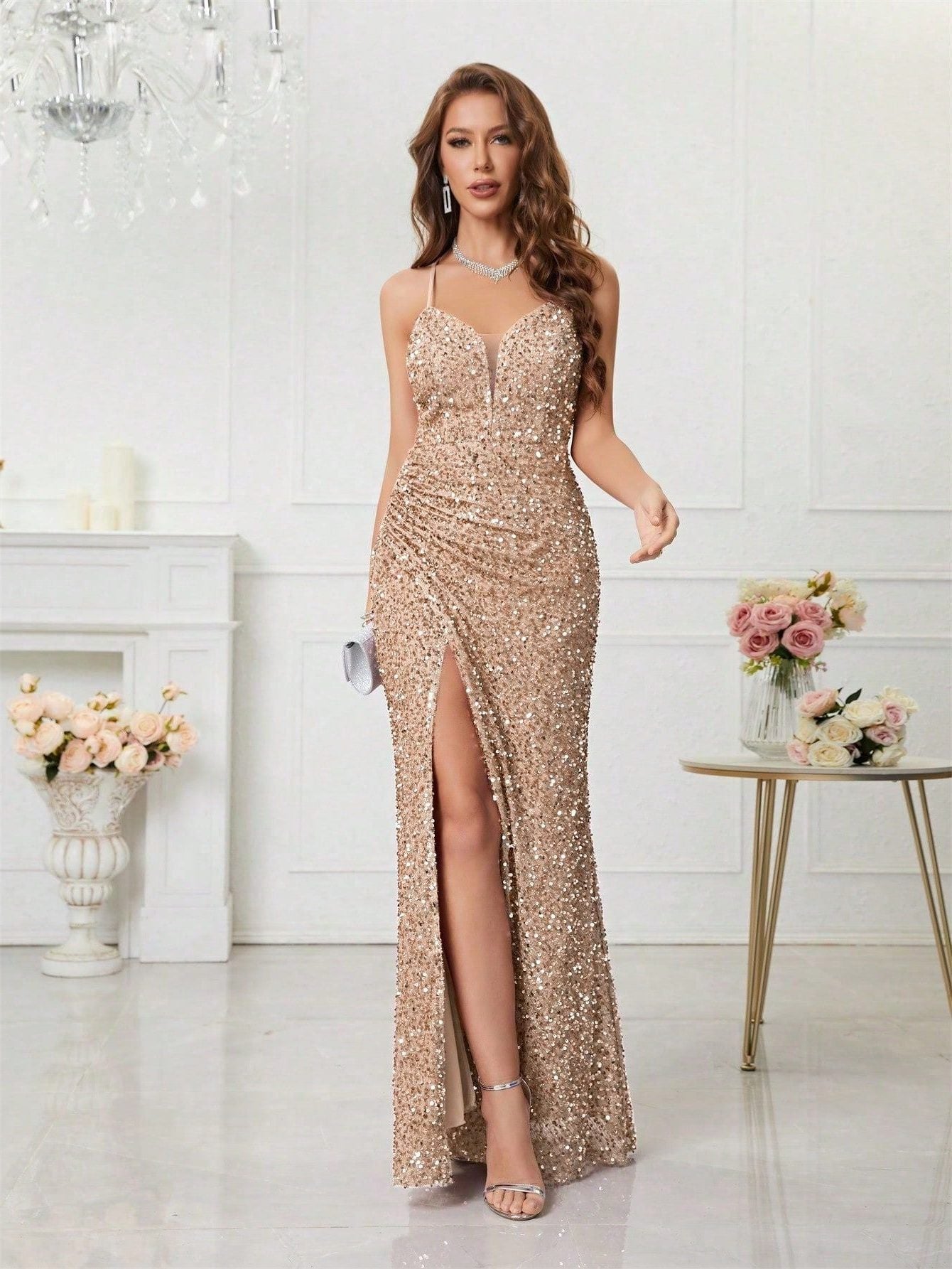 Women's V-Neck Sequin Maxi Evening Dress with Slit | Yvette