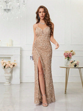 Women's V-Neck Sequin Maxi Evening Dress with Slit | Yvette