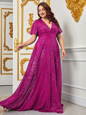 Women's V-Neck Sequin Maxi Evening Dress, Short Sleeves | Tara in Pink