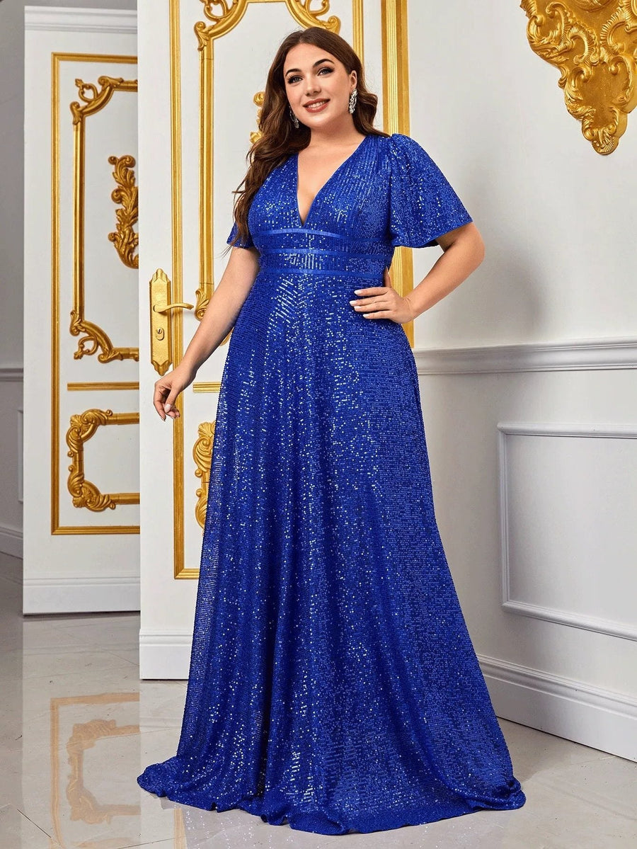 Women's V-Neck Sequin Maxi Evening Dress, Short Sleeves | Tara in Blue