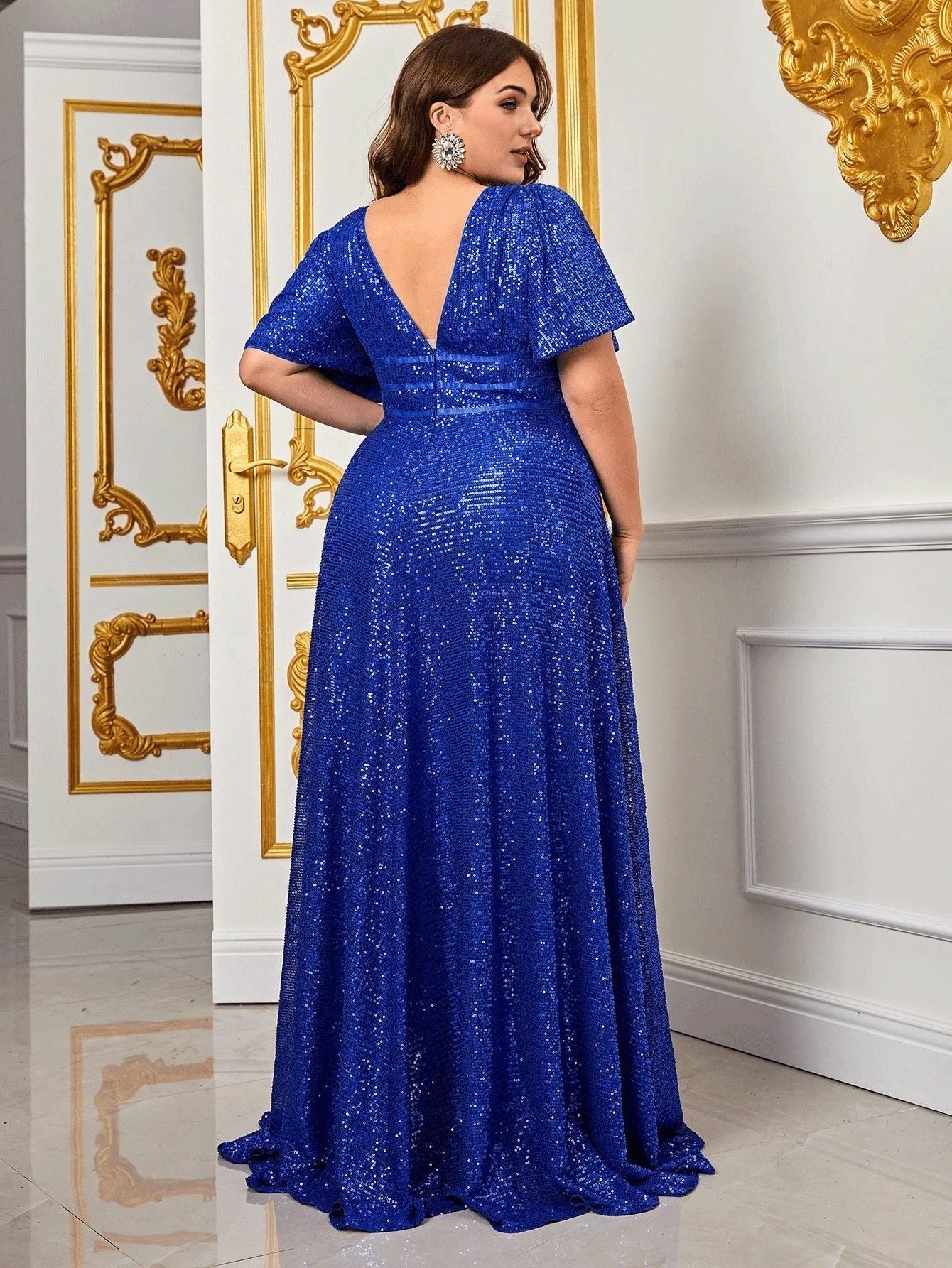 Women's V-Neck Sequin Maxi Evening Dress, Short Sleeves | Tara