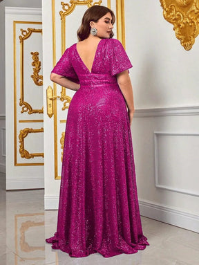Women's V-Neck Sequin Maxi Evening Dress, Short Sleeves | Tara