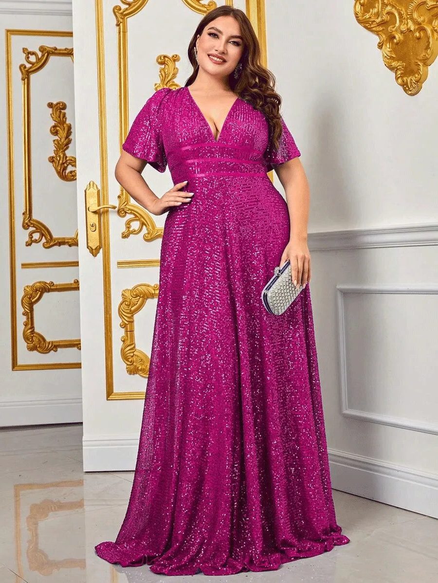 Women's V-Neck Sequin Maxi Evening Dress, Short Sleeves | Tara