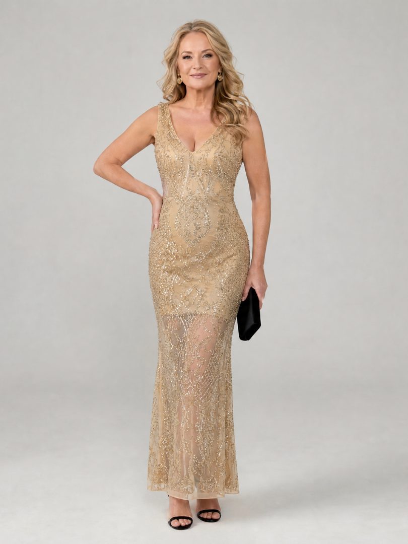 Women's Sleeveless Sequin Midi Cocktail Dress | Celestia in Beige