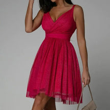 Women's Sleeveless Sequin Wrap Midi Party Dress | Arlette in Red