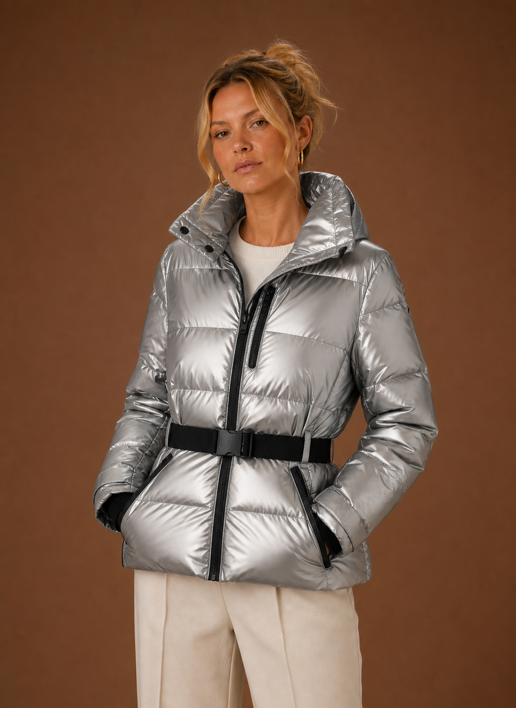 Women's Metallic Hooded Quilted Jacket | Olivia in Silver - Juana Fashion