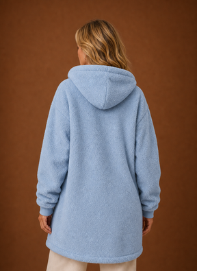 Women's Long Hooded Fleece Winter Jacket | Martina in Sky Blue - Juana Fashion
