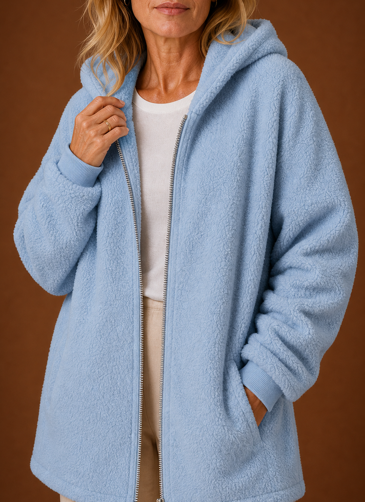 Women's Long Hooded Fleece Winter Jacket | Martina in Sky Blue - Juana Fashion