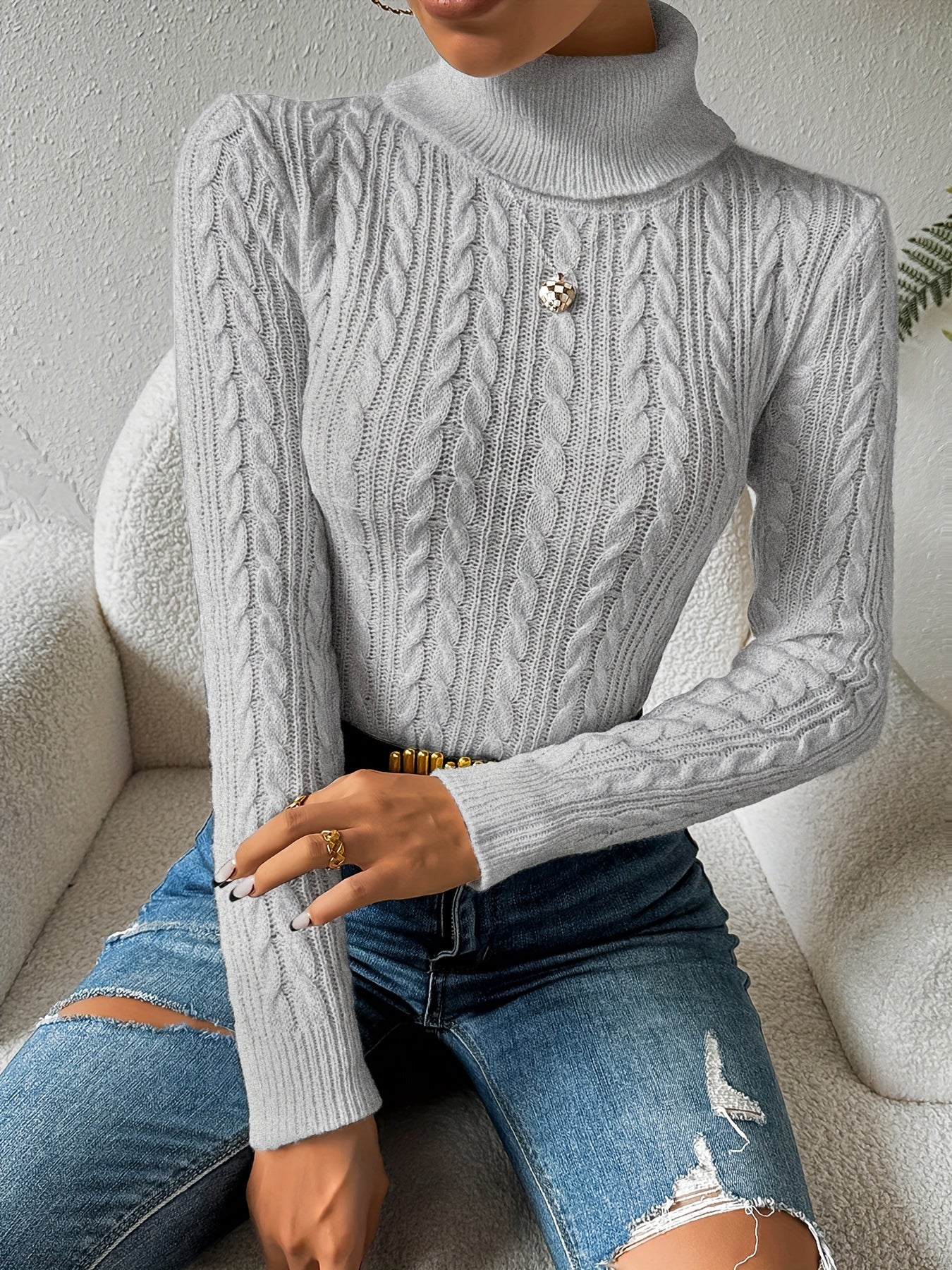 Women's Cable Knit Turtleneck Sweater — View 8