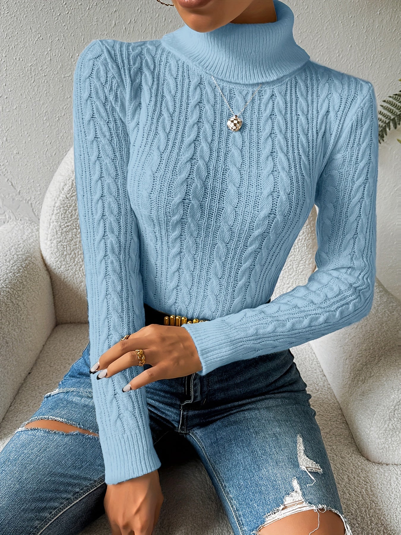 Women's Cable Knit Turtleneck Sweater — View 10