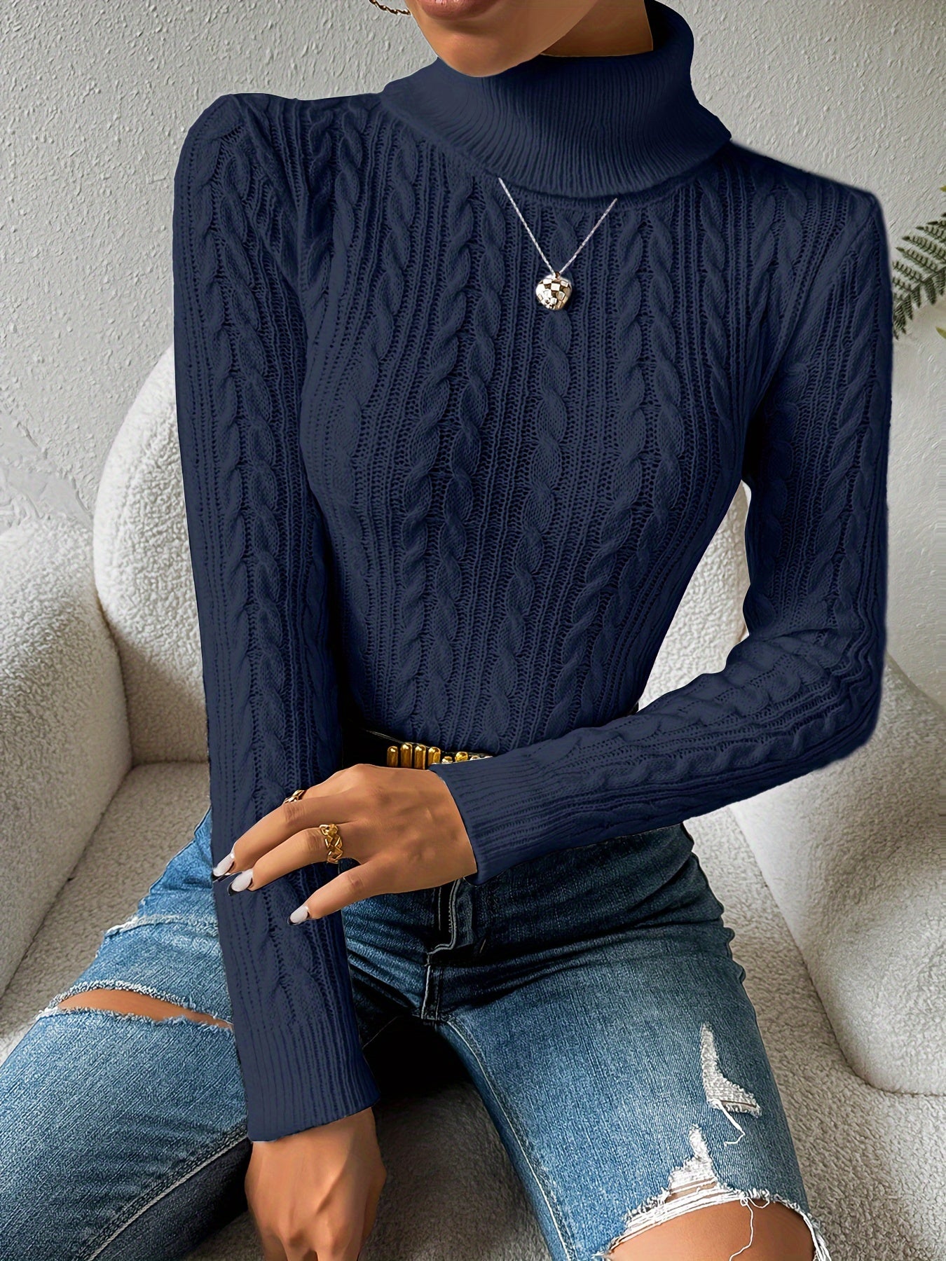 Women's Cable Knit Turtleneck Sweater — View 5