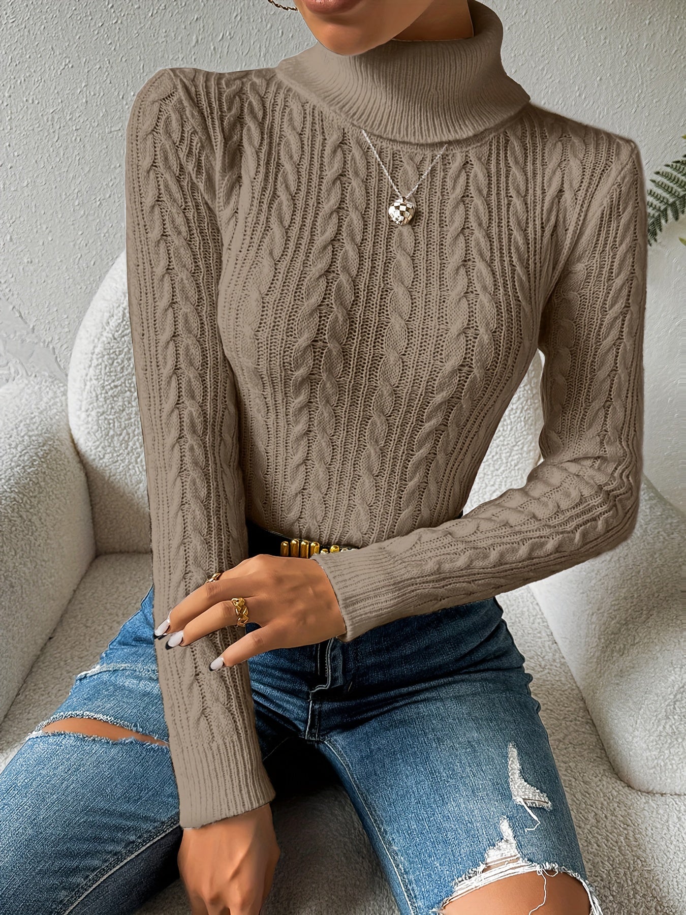 Women's Cable Knit Turtleneck Sweater — View 1