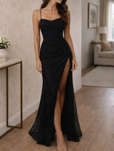 Women's Sparkly Maxi Evening Dress with Slit | Freya in Black