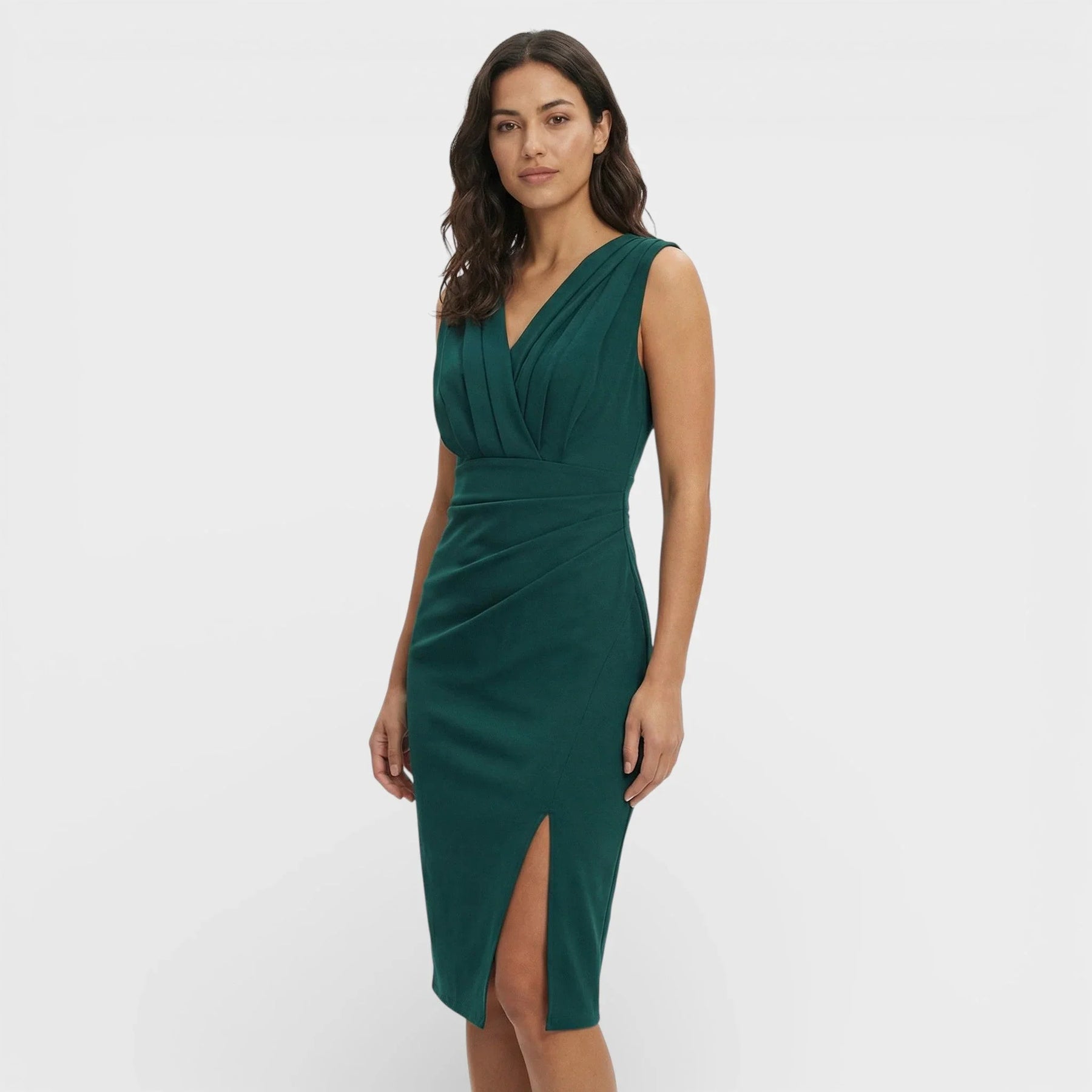 Women's V-Neck Pleated Midi Cocktail Dress | Stacey in Green