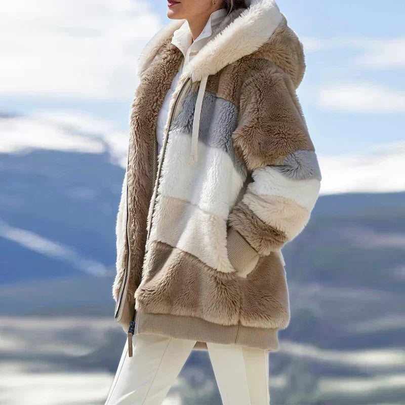 Women's Colorblock Hooded Winter Jacket | Franziska in Purple Stripe - Juana Fashion