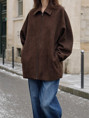 Women's Faux Suede Zip-Up Jacket | Thurlow in Coffee Brown - Juana Fashion
