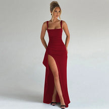 Women's Square-Neck Maxi Evening Dress with Slit | Tilly in Red