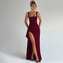 Women's Square-Neck Maxi Evening Dress with Slit | Tilly in Burgundy